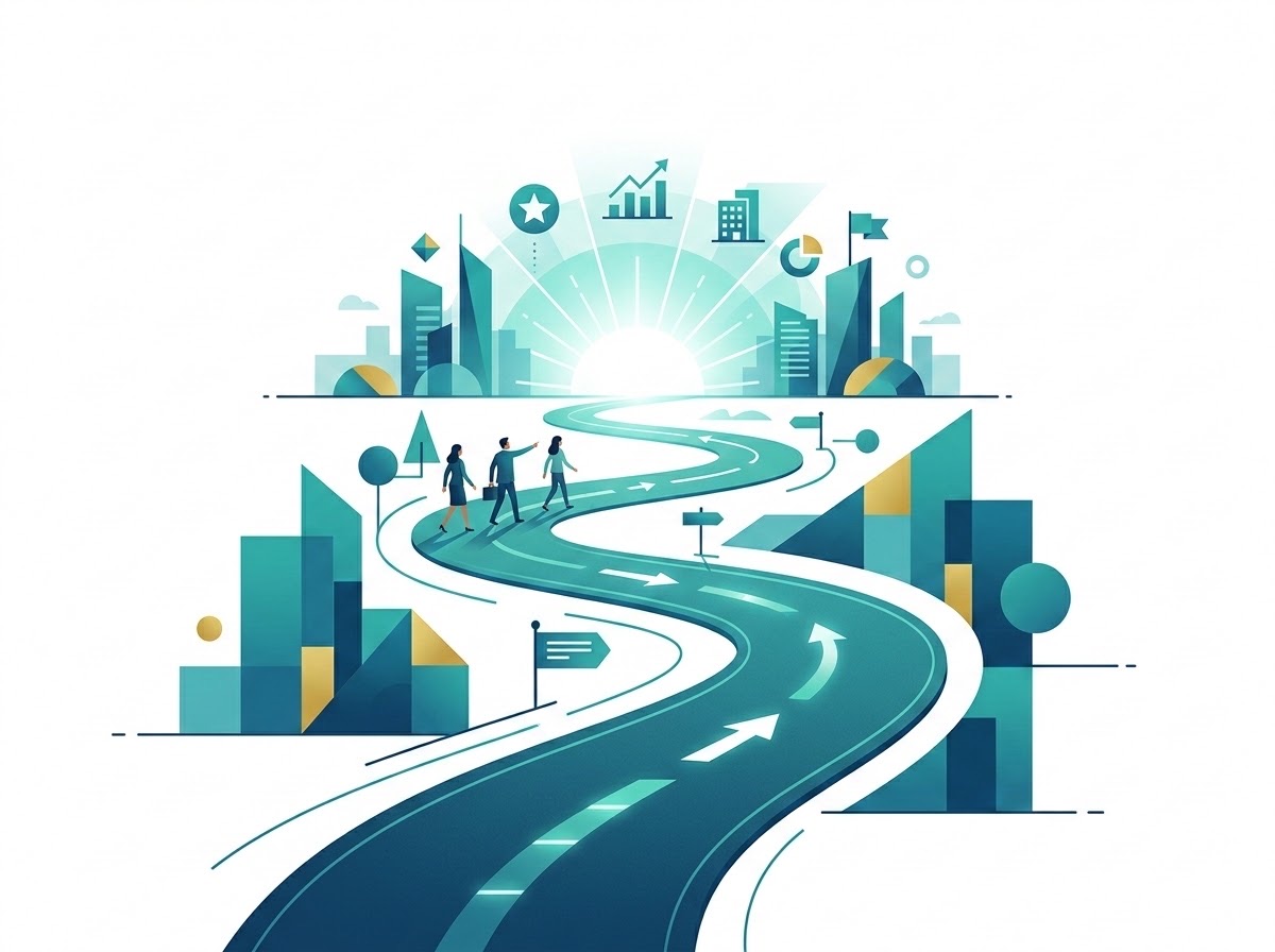 Illustration of a winding transformation roadmap toward business growth
