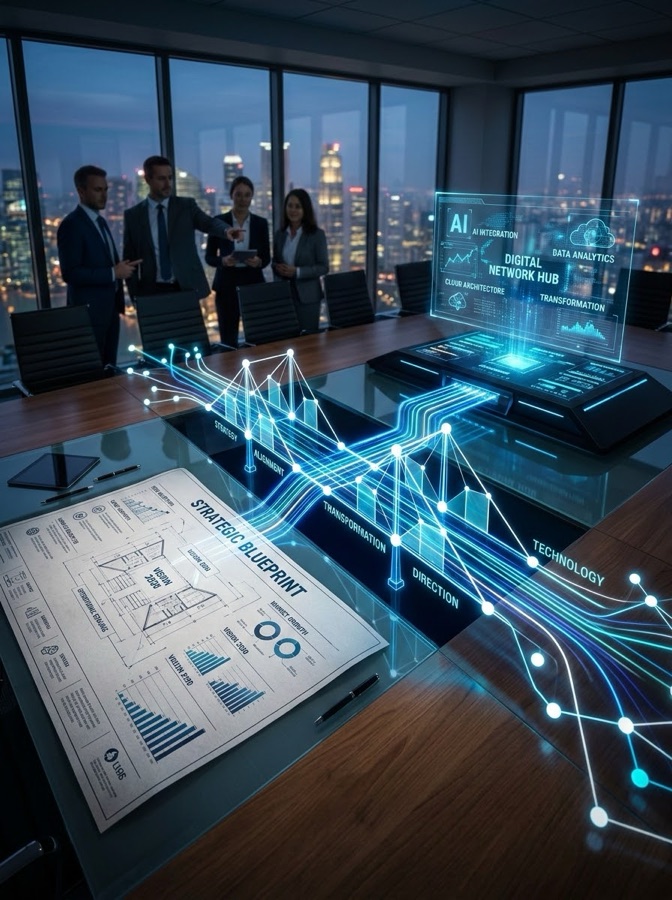 Executive team reviewing a strategic blueprint in a boardroom